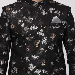 VASTRAMAY Men Black & Silver-Toned Floral Printed Sherwani Set image 3