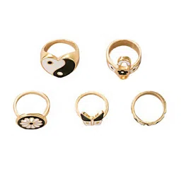 Yellow Chimes Set Of 5 Gold-Plated & Black Enameled Finger Ring image 2