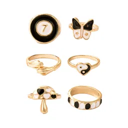 Yellow Chimes Set Of 6 Gold-Plated & Black Design Detailed Finger Ring image 2