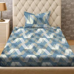 KLOTTHE Turquoise Blue & White Printed 300TC Fitted Single Bedsheet & Pillow Cover image 2