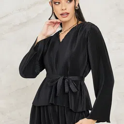 Styli Striped V- Neck Top With Flared Trouser image 3