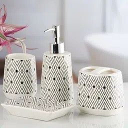 Kookee White and Black 4 pieces Abstract Ceramic Bath Accessories Set image 2