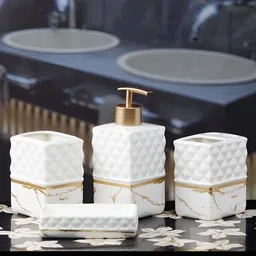 Kookee White 4 Pieces Abstract Ceramic Bath Accessories Set image 2