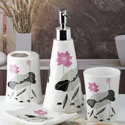 Kookee White & Pink 4 Pieces Ceramic Bath Accessories Set image 2