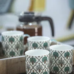 GOODHOMES White & Green  Set Of 6 Ethnic Motifs Printed Bone China Mugs 210 ml Each image 2