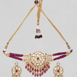 Rubans 24K Gold Plated Handcrafted Kundan Stone & Maroon Beads Choker Set image 2