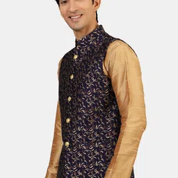 Wintage Men Navy-Blue & Gold-Colored Woven-Design Nehru Jacket image 4