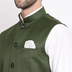 VASTRAMAY Men Olive Green Solid Nehru Jacket image 3