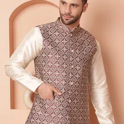 Anouk Maroon Woven Design Mandarin Collar Silk & Cotton Nehru Jacket image 3