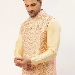 Jompers Men Rose-Gold Embroidered Woven Regular Fit Nehru Jacket image 3