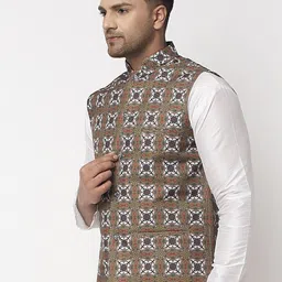 Benstoke Men Olive Green & White Printed Woven Nehru Jacket image 3
