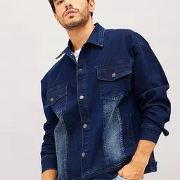 MASCLN SASSAFRAS Navy Blue Washed Spread Collar Long Sleeves Cotton Relax Fit Denim Jacket image 1