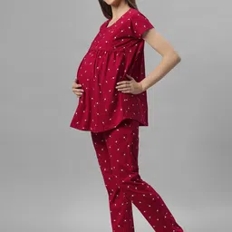 DZZO Geometric Printed Pure Cotton Maternity & Feeding T-shirt With Pyjamas image 5