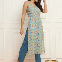 Meeranshi Shoulder Straps Sleeveless Ethnic Motifs Printed Pure Silk Kurta with Trouser image 3