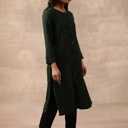folk song W Teal Green Round Neck Pure Wool Regular A-Line Kurta image 3