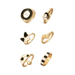 Yellow Chimes Set Of 6 Gold-Plated & Black Design Detailed Finger Ring image 3
