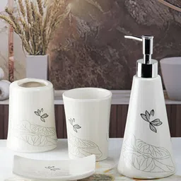 Kookee White & Grey 4Pcs Floral Ceramic Bath Accessories Set image 3