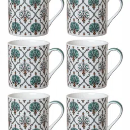 GOODHOMES White & Green  Set Of 6 Ethnic Motifs Printed Bone China Mugs 210 ml Each image 3