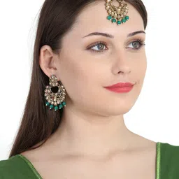 ANIKAS CREATION Gold Plated Kundan Pearl Earring Maang Tika & Earrings image 3