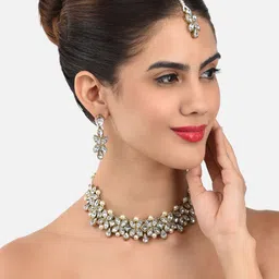 Zaveri Pearls Gold-Plated Stone Studded Pearl Choker Jewellery Set image 3