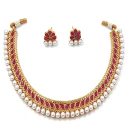I Jewels Gold-Plated Stone-Studded & Pearl Beaded Choker Jewellery Set image 3