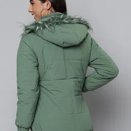 Fort Collins Women Green Solid Hooded Faux Fur Trim Parka Jacket image 3