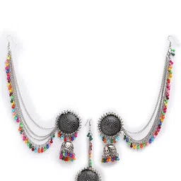 Arrabi Silver Plated & Multicolored Oxidised Maang Tika & Earrings Set image 4