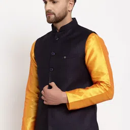 MOHANLAL SONS Men Navy Blue Solid Woven Nehru Jacket image 3