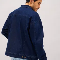 MASCLN SASSAFRAS Navy Blue Washed Spread Collar Long Sleeves Cotton Relax Fit Denim Jacket image 5