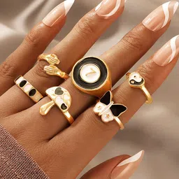 Yellow Chimes Set Of 6 Gold-Plated & Black Design Detailed Finger Ring image 4