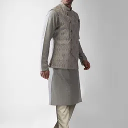 KISAH Mandarin Collar Straight Kurta & Trousers with Nehru Jacket image 4