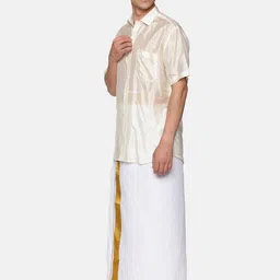 Sethukrishna Men Cream-Coloured & White Pure Cotton Shirt with Dhoti Pants image 2