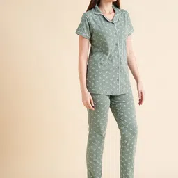 Sweet Dreams Green & White Conversational Printed Pure Cotton Night Suits image 4