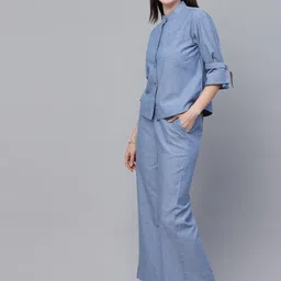 Style Quotient Pure Cotton Chambray Relaxed Fit Shirt With Palazzos Co-Ords image 4