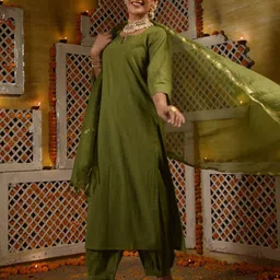 DIMPLE DESIGN STUDIO Notch Neck Pure Cotton Straight Kurta with Trousers & Dupatta image 4