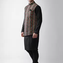 KISAH Mandarin Collar Kurta with Churidar with Printed Nehru Jacket image 5