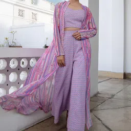 Janasya Chevron Printed Sweetheart Neck Top With Palazzos & Jacket image 3