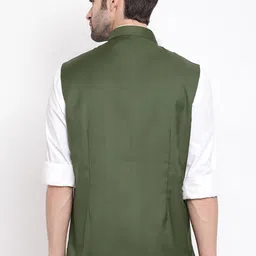 VASTRAMAY Men Olive Green Solid Nehru Jacket image 4