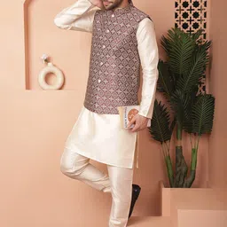 Anouk Maroon Woven Design Mandarin Collar Silk & Cotton Nehru Jacket image 5