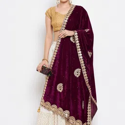 Clora Creation Burgundy And Gold-Toned Ethnic Motifs Gotta Patti Velvet Dupatta image 5