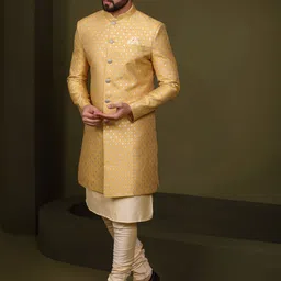 KISAH Woven Design Mandarin Collar Sherwani Set image 2