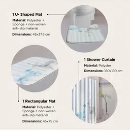 UMAI Blue & White 3Pcs Printed Shower Curtain & Bathmat image 4