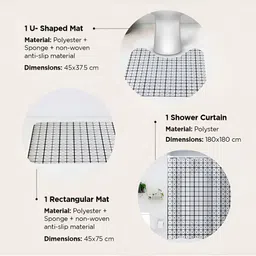 UMAI White & Black 3 Pieces Printed Shower Curtain & Bathmats image 2