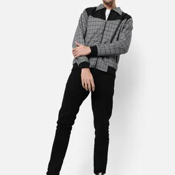 Campus Sutra Men Grey Checked Windcheater Outdoor Open Front Cotton Jacket image 2