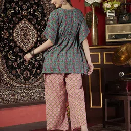 Sangria Printed Ethnic Pure Cotton Kaftan Top with Trousers image 4