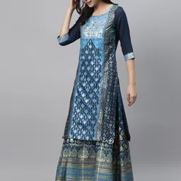 AURELIA Women Blue & Golden Printed Kurta with Skirt & Dupatta image 2