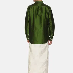 Sethukrishna Men Olive Green And White Shirt With Zari Border Veshti Dhoti Pant image 5