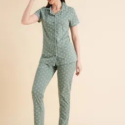 Sweet Dreams Green & White Conversational Printed Pure Cotton Night Suits image 5