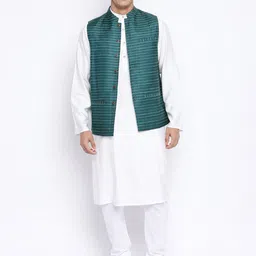 Fabindia Men Green Striped Nehru Jackets image 3