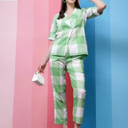Athena Green & White Checked Lapel Collar Top With Trousers Co-Ords image 2